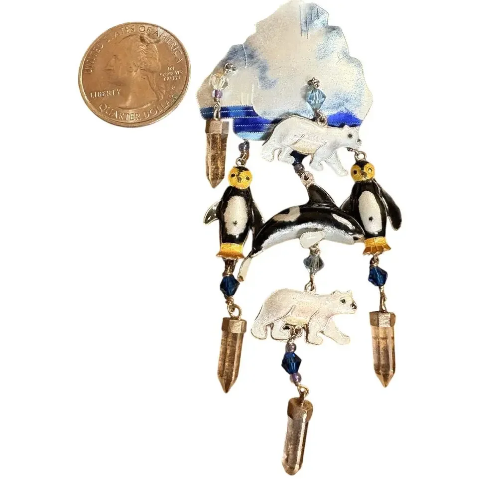 Vintage Sterling Silver, Crystals & Enamel Wintery Brooch Bears, Dolphins & More